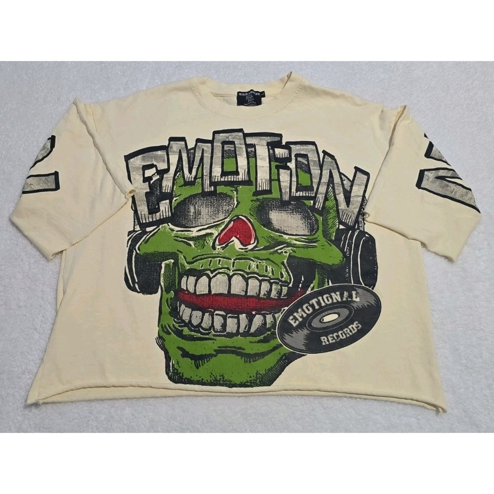 Mixed Emotion Cream Skull Graphic T-Shirt Boxy Raw Hem Streetwear Large
